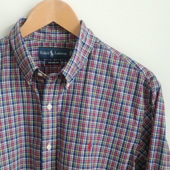 Ralph Lauren Mens Large 100% cotton red blue plaid button down shirt - Picture 1 of 16